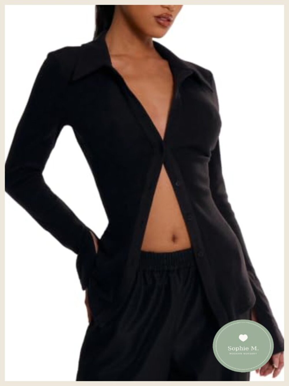 Button Down Long Sleeve Blouse Deep V Neck Collared Solid Knit Top